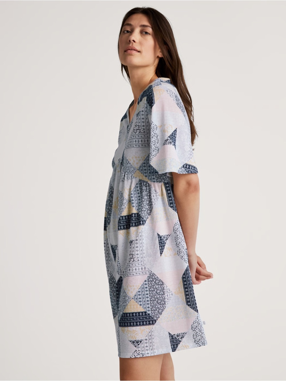 Calida Pastel Patchwork V-Neck Nightgown - Pink & Navy, summer nightgown